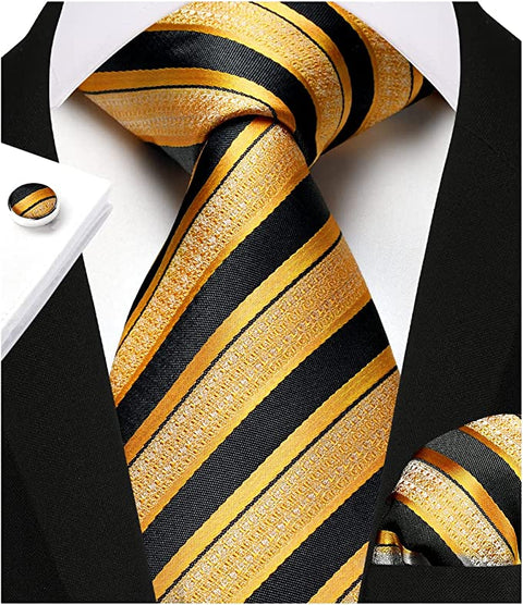 New Gold and Black Stripe Necktie Set-HDNE55
