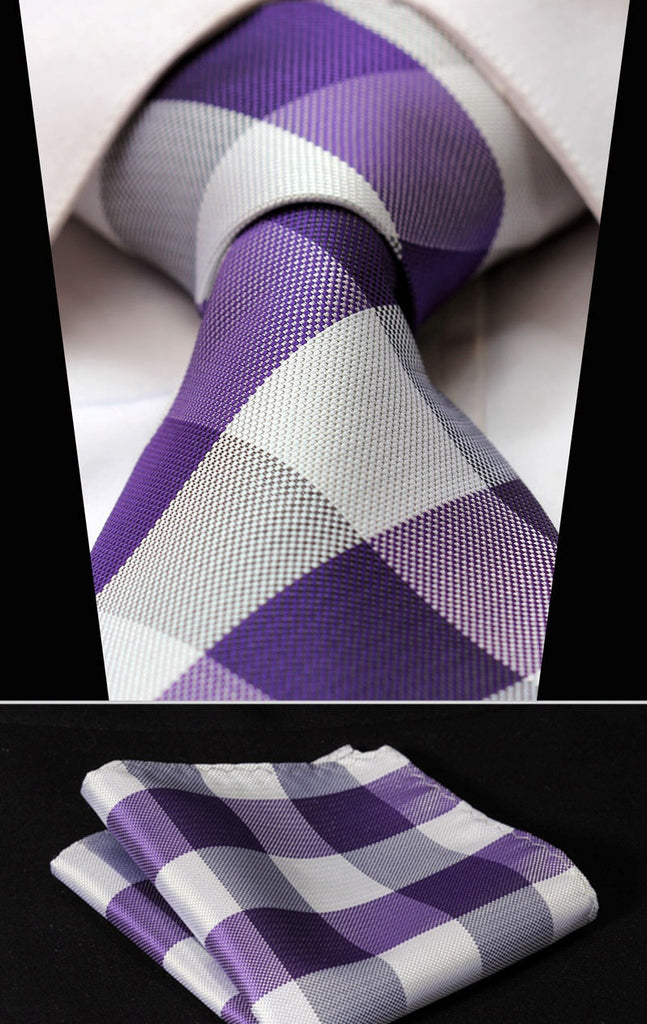 Purple and White Check Silk Necktie Set HDNI103