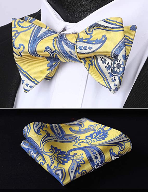 New Yellow and Blue Paisley Bow Tie Set-HDNX60