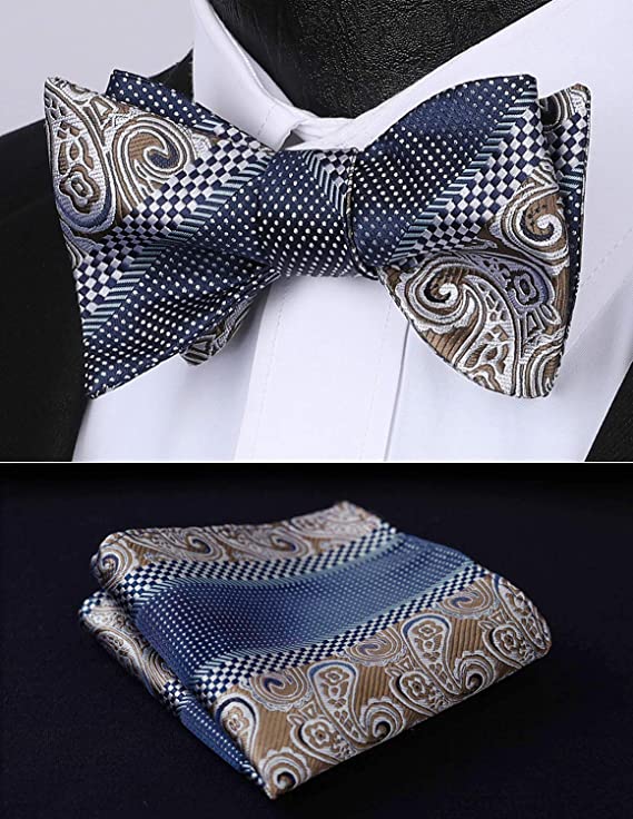 New Brown and Blue Paisley Stripe Bow Tie Set-HDNX61