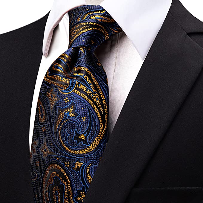 Black Dress Shirt Gold Tie Navy Blue Gold and Black Paisley Necktie-JYT05 Black Dress Shirt Gold Tie Navy Blue Gold and Black Paisley Necktie-JYT05
