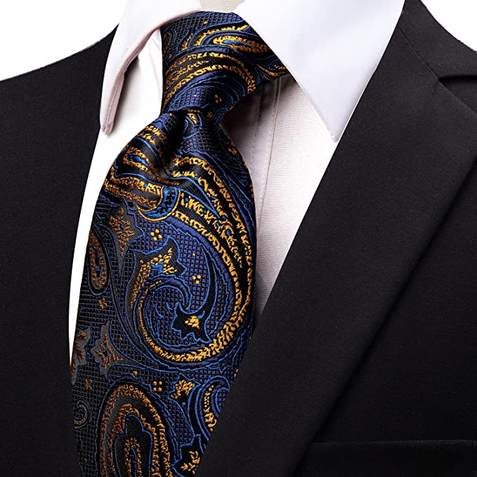 Navy Blue Gold and Black Paisley Necktie-JYT05
