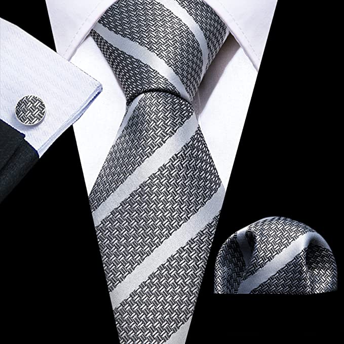 Grey Stripe Silk Necktie Set-LBW1015