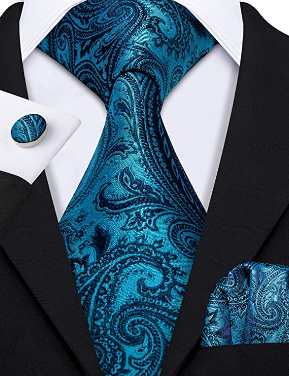 New Teal Blue Paisley Necktie Set-LBW1063