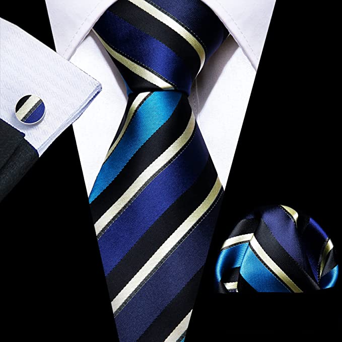Navy Blue Black and Beige Stripe Necktie Set-LBWY1108