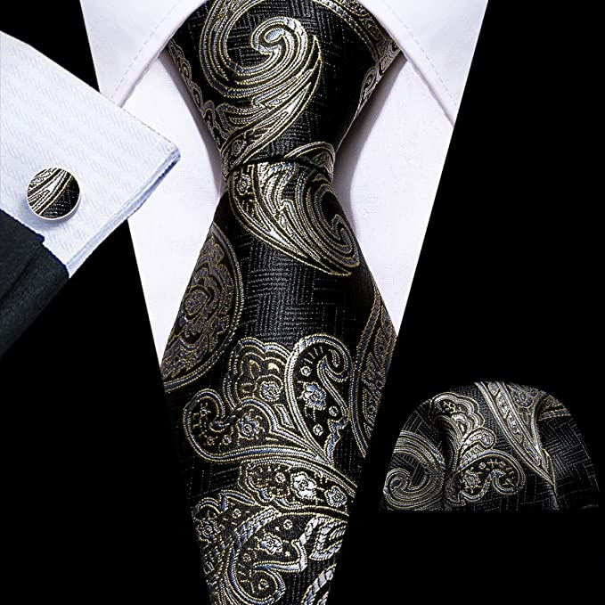 Black and Grey Silk Paisley Necktie Set-LBW1117