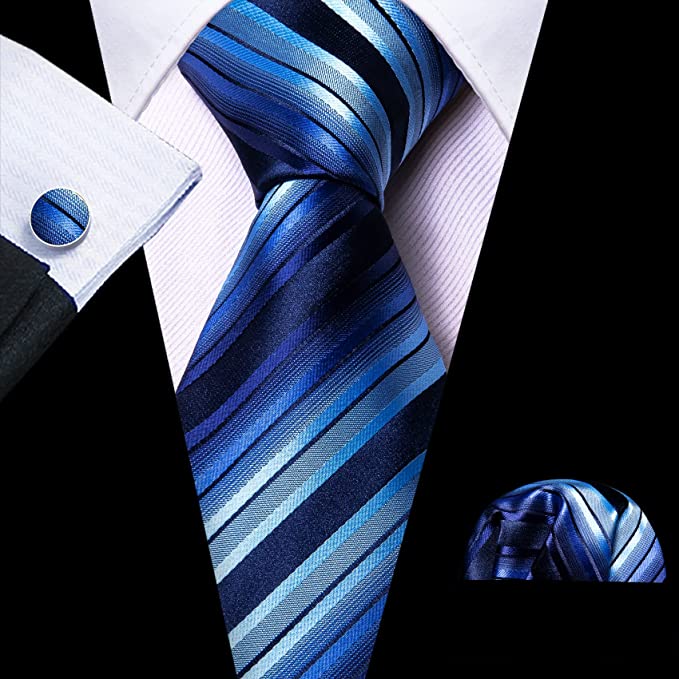 Light Blue and Navy Blue Stripe Necktie Set-LBW1119