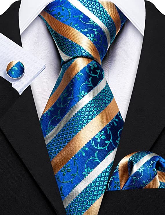 Blue Gold and Silver Floral Stripe Necktie Set-LBW1122