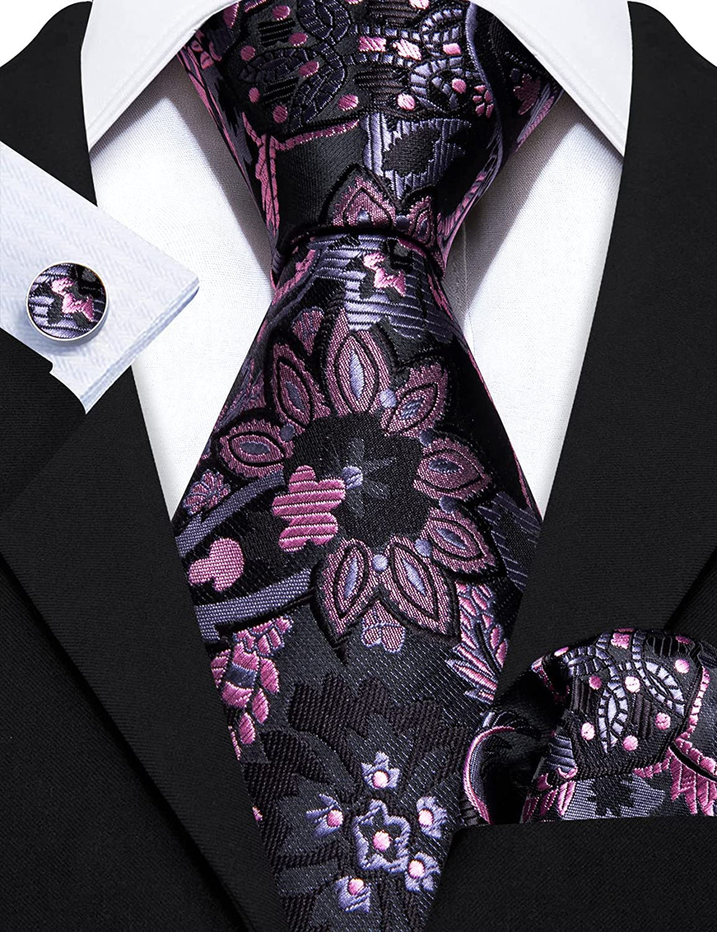 Black Pink Grey Floral Necktie Set=LBW1133