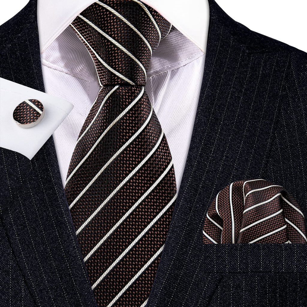 Brown and White Stripe Necktie Set-LBW1177