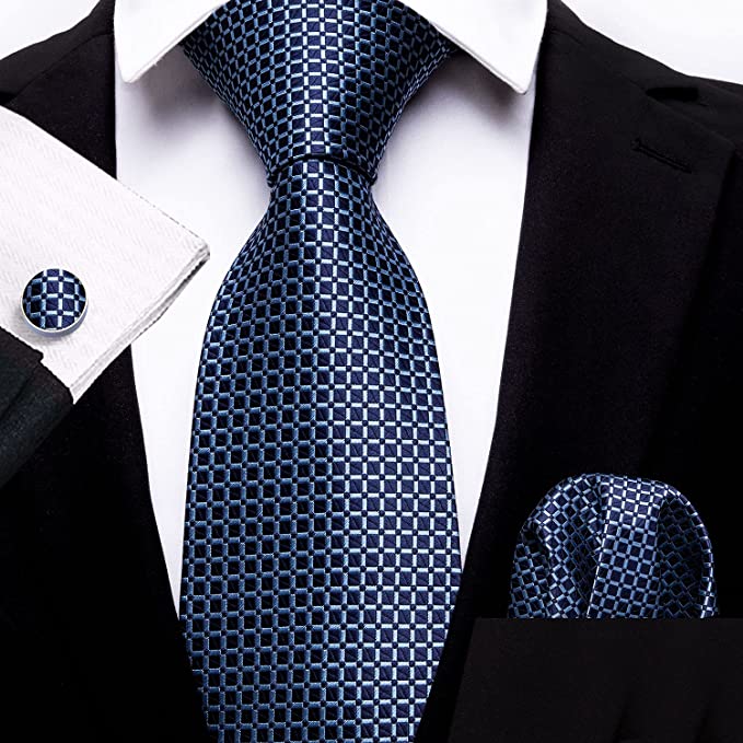 New Navy Blue Plaid Silk Necktie Set-LBW1182
