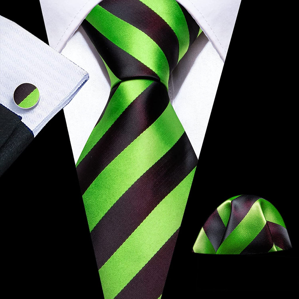 Lime Green and Dark Brown Striped Necktie Set-LBW1240