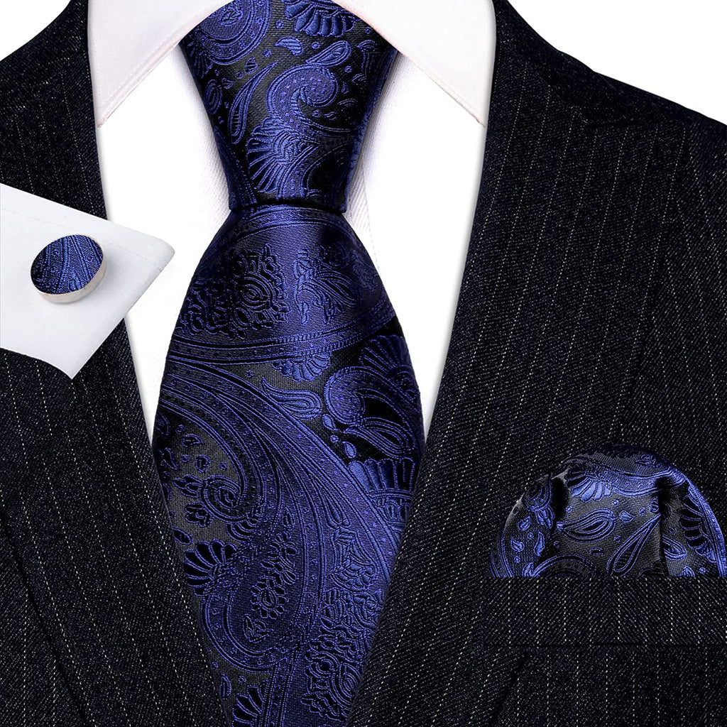 Dark Blue and Black Paisley Necktie Set-LBW1243