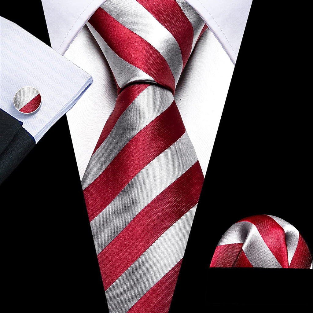 Red and Silver Striped Silk Necktie Set-LBW1244