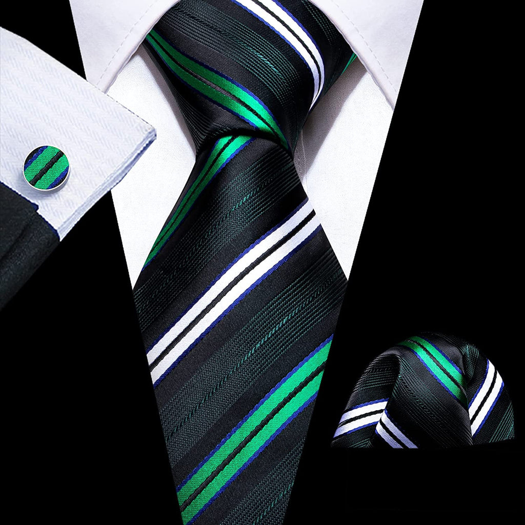 Emerald Green Black White Striped Necktie Set-LBW1246