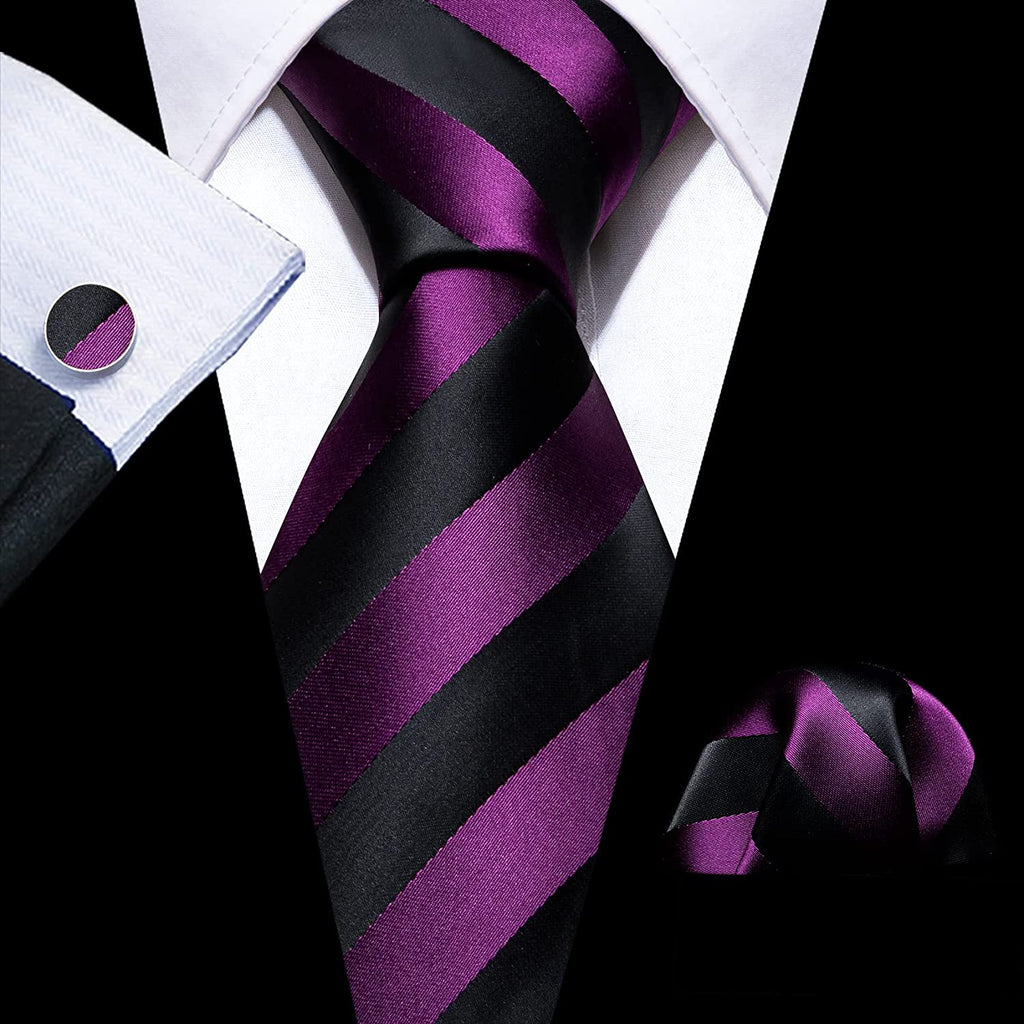 Black and Purple Striped Silk Necktie Set-LBW1249