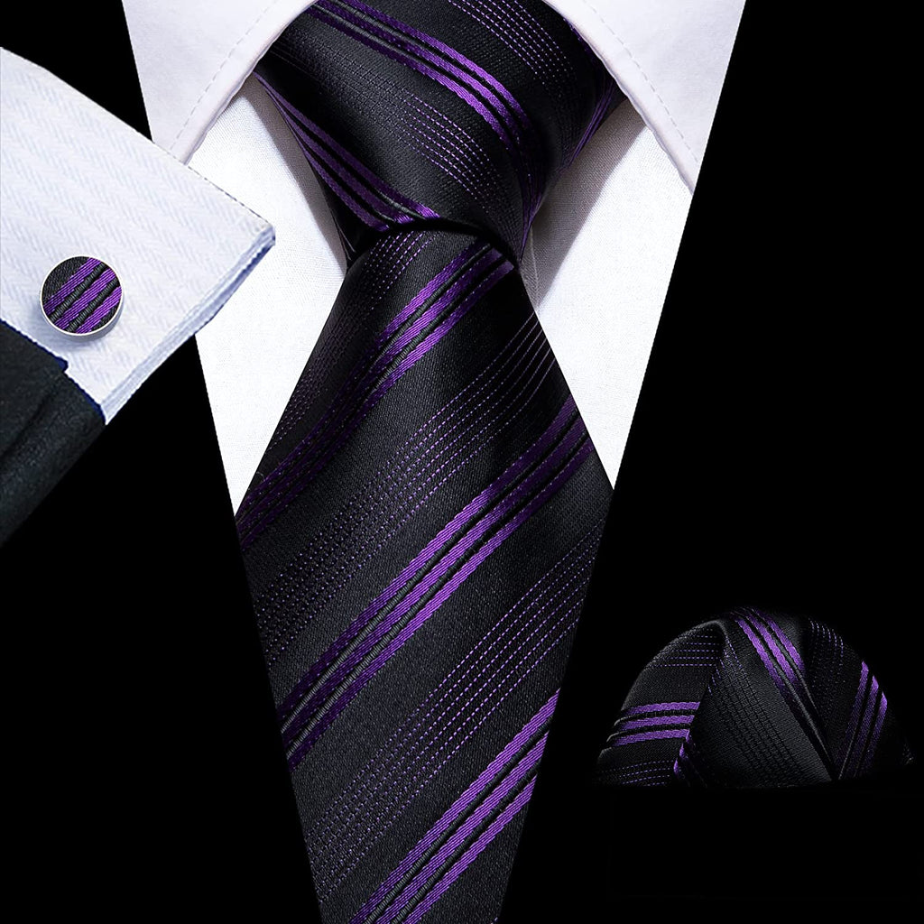 Purple and Black Thin Striped Wedding Necktie Set-LBW1250