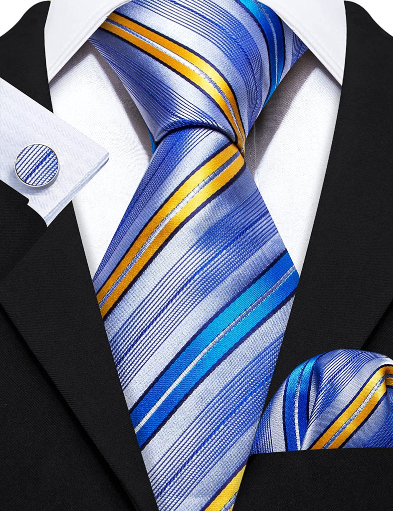 New Blue and Gold Stripe Necktie Set-LBW1253