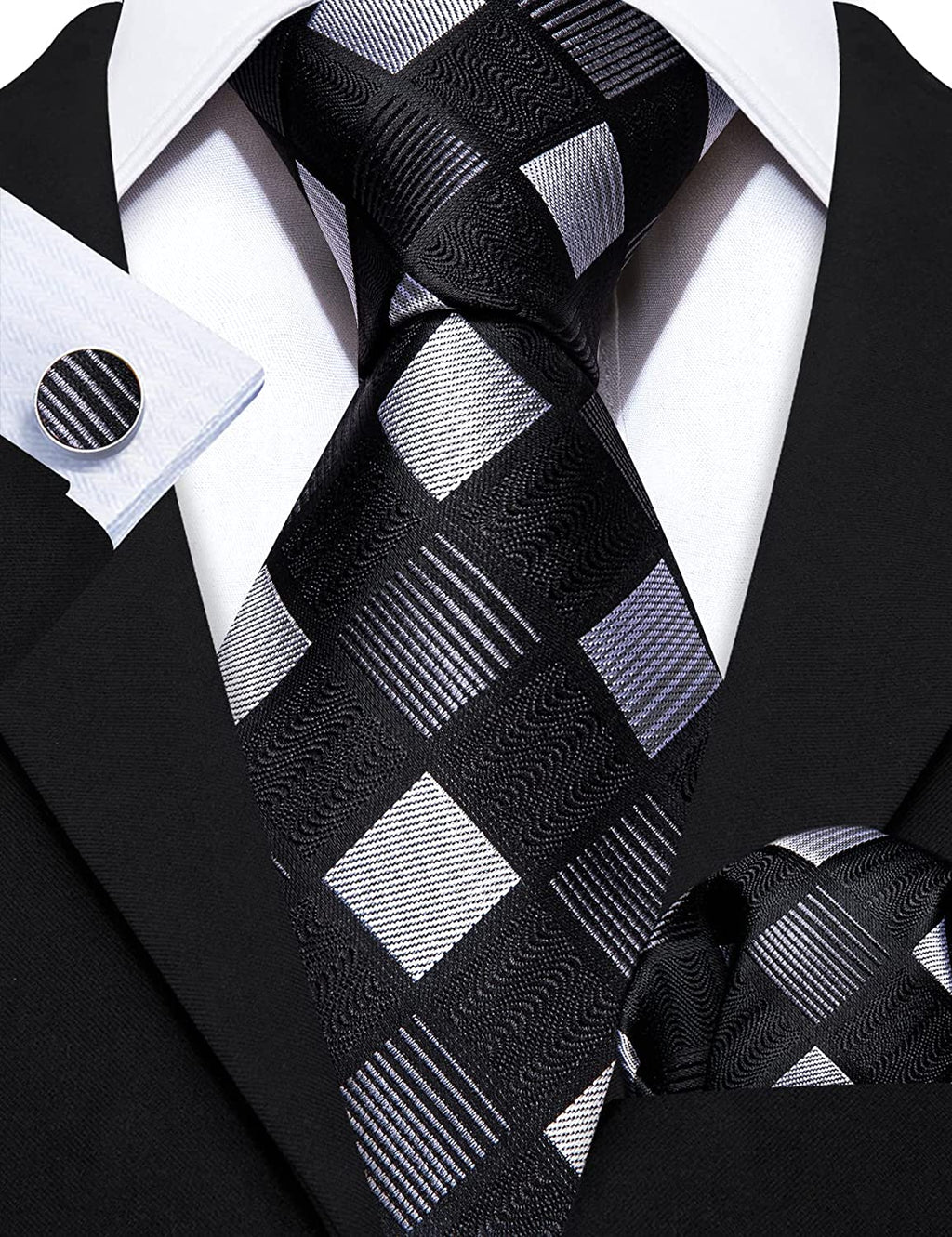 Black and Grey Plaid Necktie Set-LBW1259