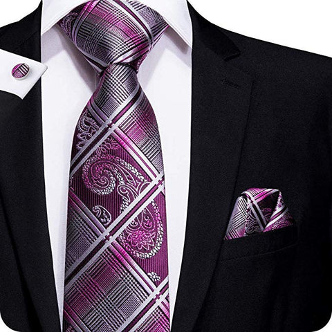 Purple and Gray Plaid Paisley Necktie Set lbw1650