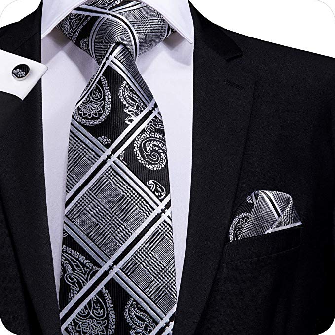 Gray and Black Plaid Paisley Necktie Set LBW1659