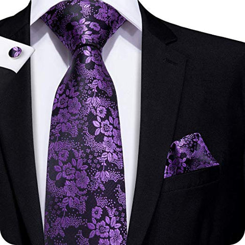 Purple and Black Floral Silk Necktie Set LBW217