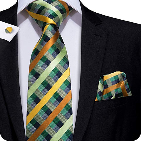 Green Gold Blue Orange Plaid Necktie Set LBW262