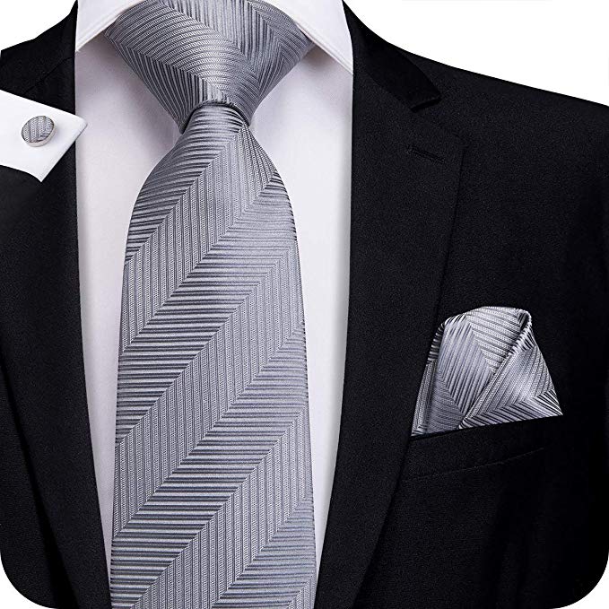 Silver Striped Silk Necktie Set-LBW317