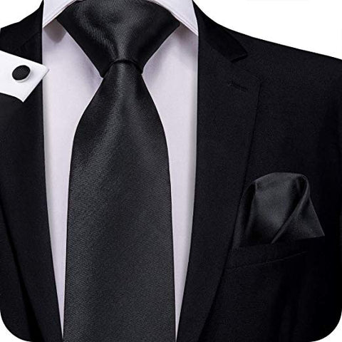Black Solid Silk Necktie Set-LBW327