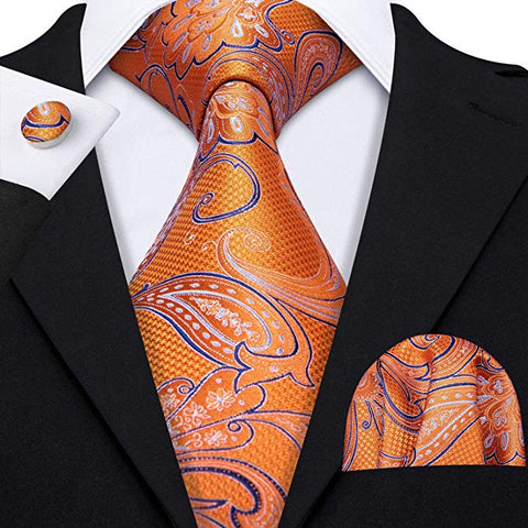 Orange Blue Paisley Silk Necktie Set-LBW345