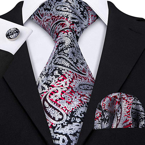 Gray,Red and Black Paisley Necktie Set LBW359