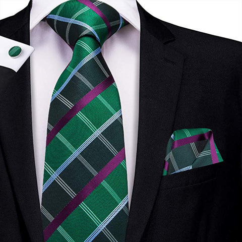 Green  and Purple Silk Check Necktie Set-LBW415