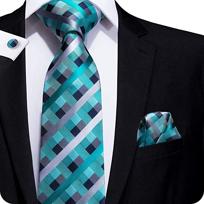 Teal and Gray Plaid Necktie Set LBW553
