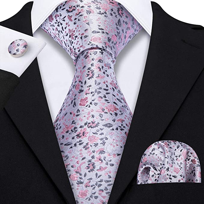 Grey Pink Floral Silk Necktie Set- LBW569