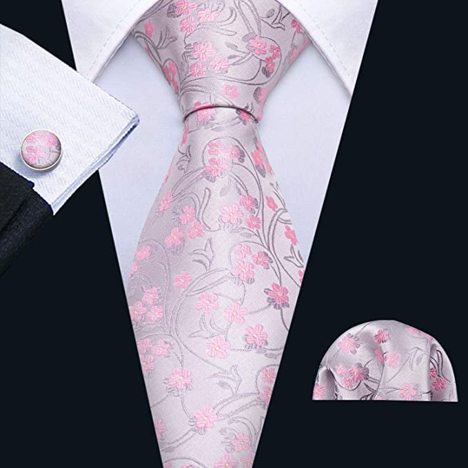 Silver and Pink Floral Necktie Set-LBW764