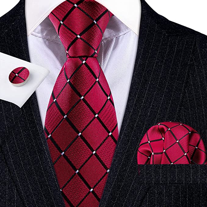 Red and Black Plaid Silk Necktie Set-LBW