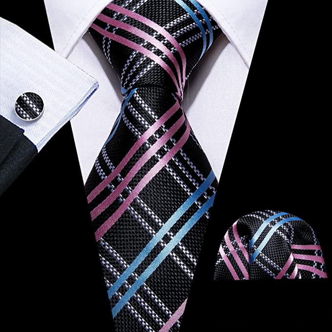 New Black Blue Pink Plaid Necktie Set-LBW899