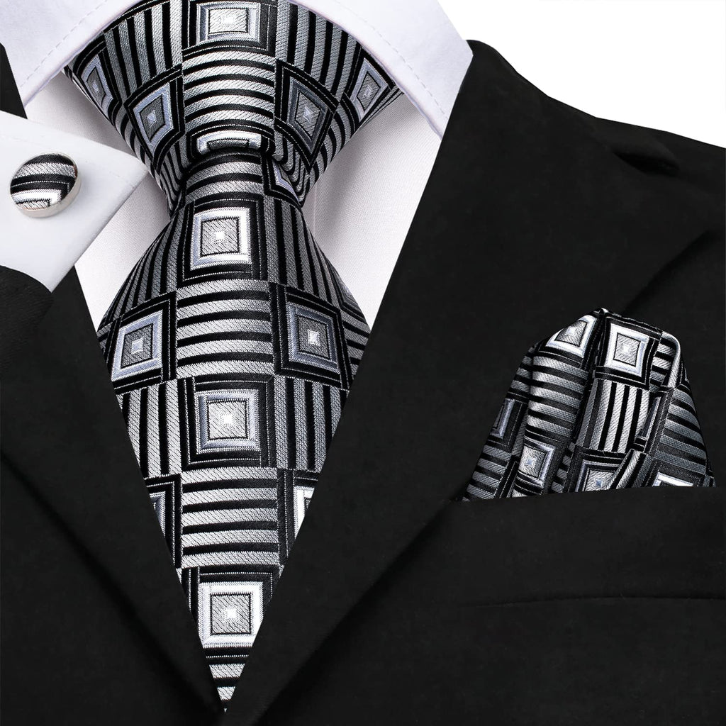 New Black and Silver Silk Necktie Set-LBWH1127