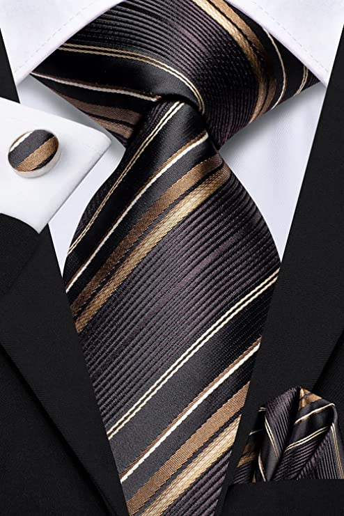 Brown Beige Khaki Striped Silk Necktie -LBWH1211
