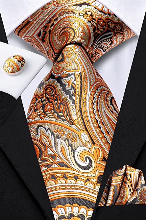 Golden Orange Paisley Necktie Set-LBWH1215