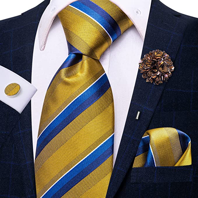 Gold and Blue Striped Silk Necktie Set-LBWH1220