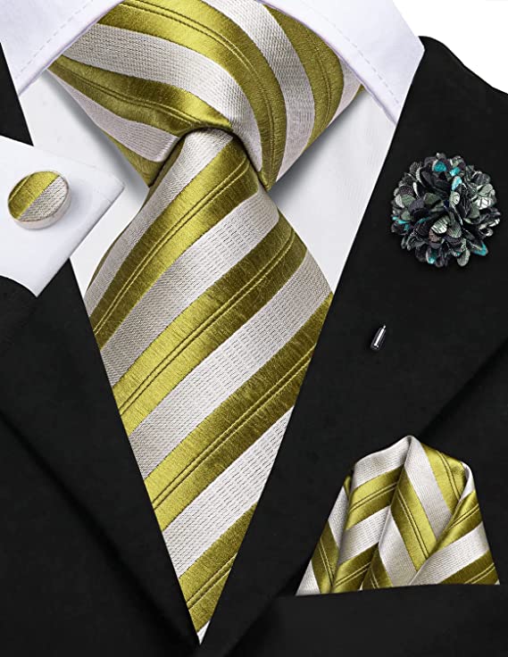Chartreuse Striped Silk Necktie Set-LBWH1221