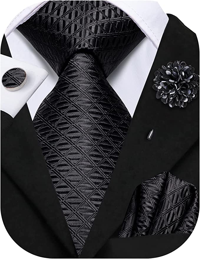 Black Plaid Silk Necktie Set-LBWH1223