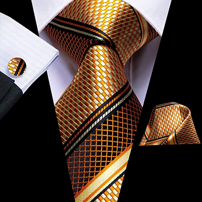 Copper Tan Black Silk Necktie Set-LBWH644