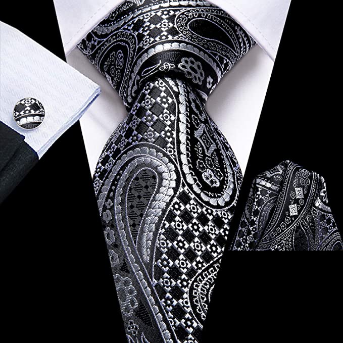 Black and Silver Paisley Necktie Set-LBWH653