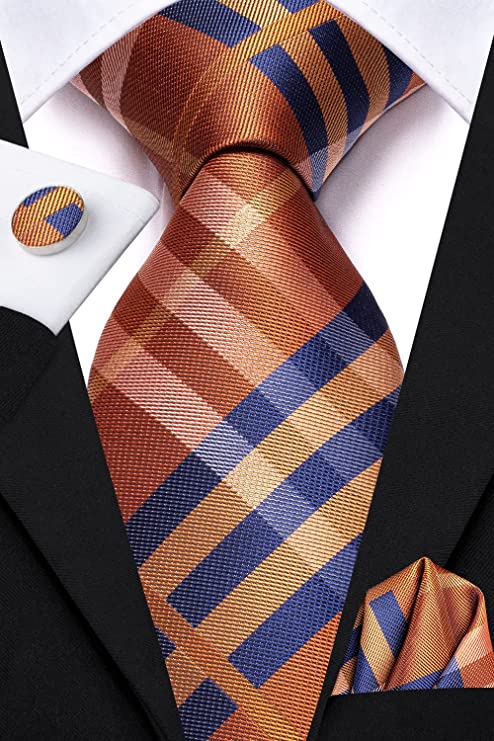 New Orange and Blue Plaid Necktie Set-LBWH973
