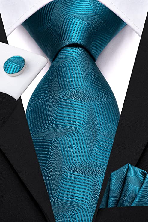 Teal Blue Wave Silk Necktie Set-LBWH985