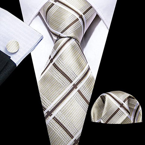 Beige Check Necktie Set-LBWY1083