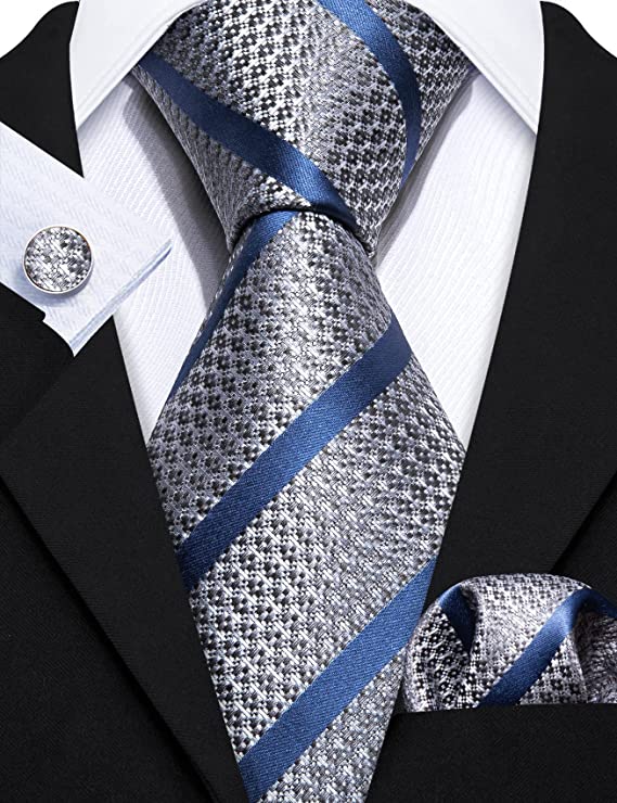 Grey and Blue Stripe Silk Necktie Set-LBWY1092