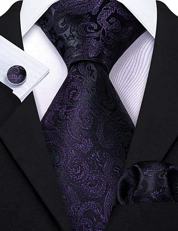Black and Dark Purple Wedding Paisley Necktie Set-LBWY1095
